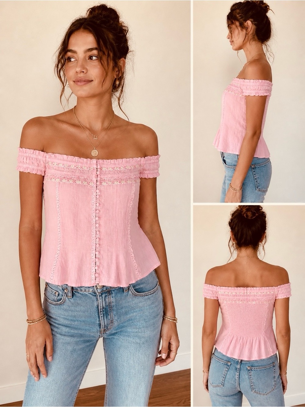 NWT Free People Sweet as Pie Off-Shoulder Pink Button-Front Women's Top M - Picture 2 of 6